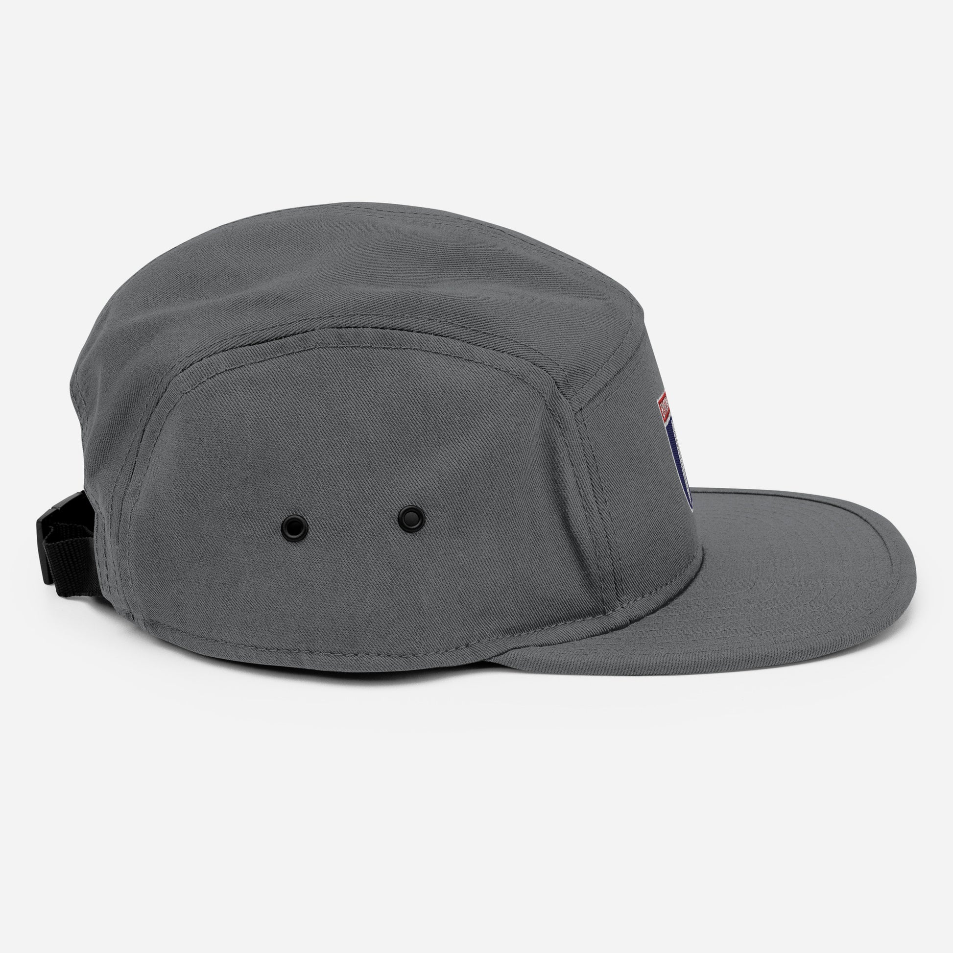  5 Panel Hat - Grey - Side view - With Byron Bay Vintage logo on front  - Genuine Byron Bay Merchandise | Produced by Go Sea Kayak Byron Bay 