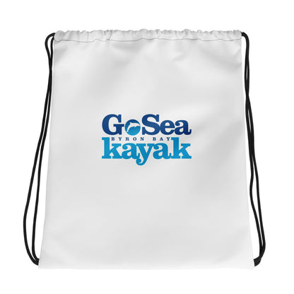  Drawstring Bag - White - Front view - with black pull cords - Go Sea Kayak Byron Bay logo on front  - Genuine Byron Bay Merchandise | Produced by Go Sea Kayak Byron Bay 