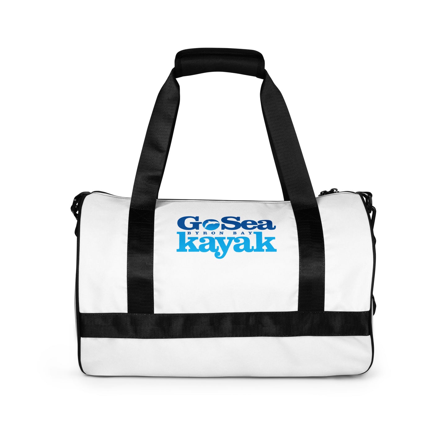  Gym Bag - White with black trim/detail - Side view - With Go Sea Kayak Byron Bay logo on both sides - Genuine Byron Bay Merchandise | Produced by Go Sea Kayak Byron Bay 