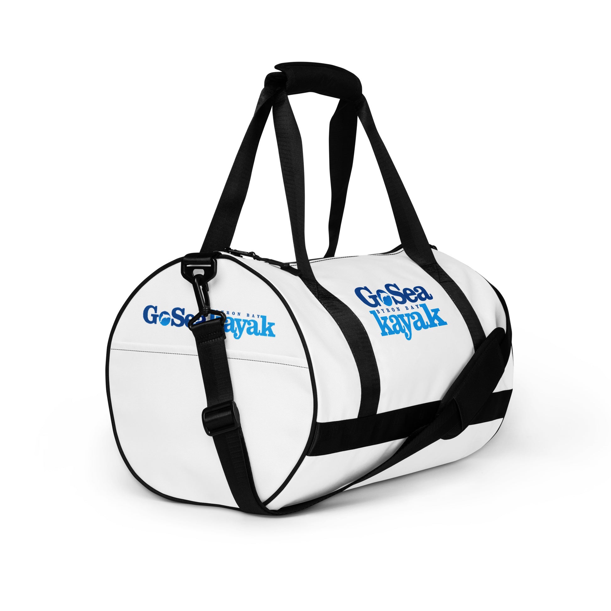 Gym Bag - White with black trim/detail - Front, side view - With Go Sea Kayak Byron Bay logo on both sides - Genuine Byron Bay Merchandise | Produced by Go Sea Kayak Byron Bay 