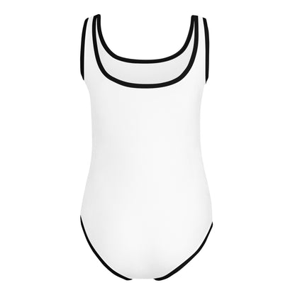  Girls One-Piece Swimsuit - White with black trim/detail - Back view - With Go Sea Kayak Byron Bay logo on front - Genuine Byron Bay Merchandise | Produced by Go Sea Kayak Byron Bay 