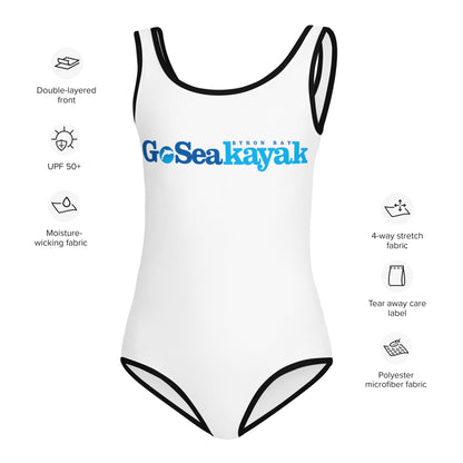 Girls One-Piece Swimsuit - White with black trim/detail - front view with details - With Go Sea Kayak Byron Bay logo on front - Genuine Byron Bay Merchandise | Produced by Go Sea Kayak Byron Bay 
