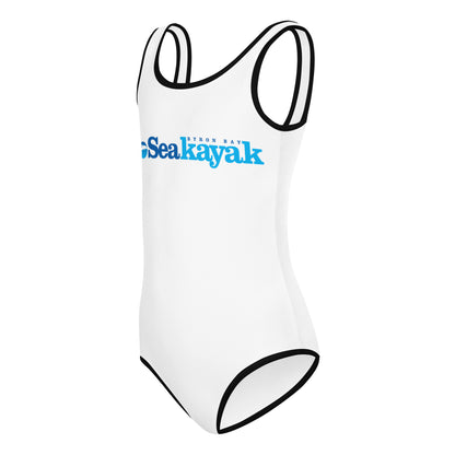  Girls One-Piece Swimsuit - White with black trim/detail - Side view - With Go Sea Kayak Byron Bay logo on front - Genuine Byron Bay Merchandise | Produced by Go Sea Kayak Byron Bay 