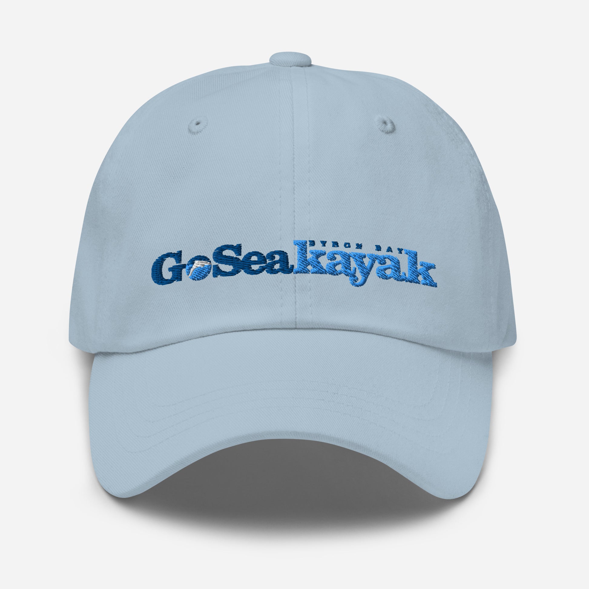  Unisex Cap - Light Blue - Front view - Go Sea Kayak logo on front  - Genuine Byron Bay Merchandise | Produced by Go Sea Kayak Byron Bay