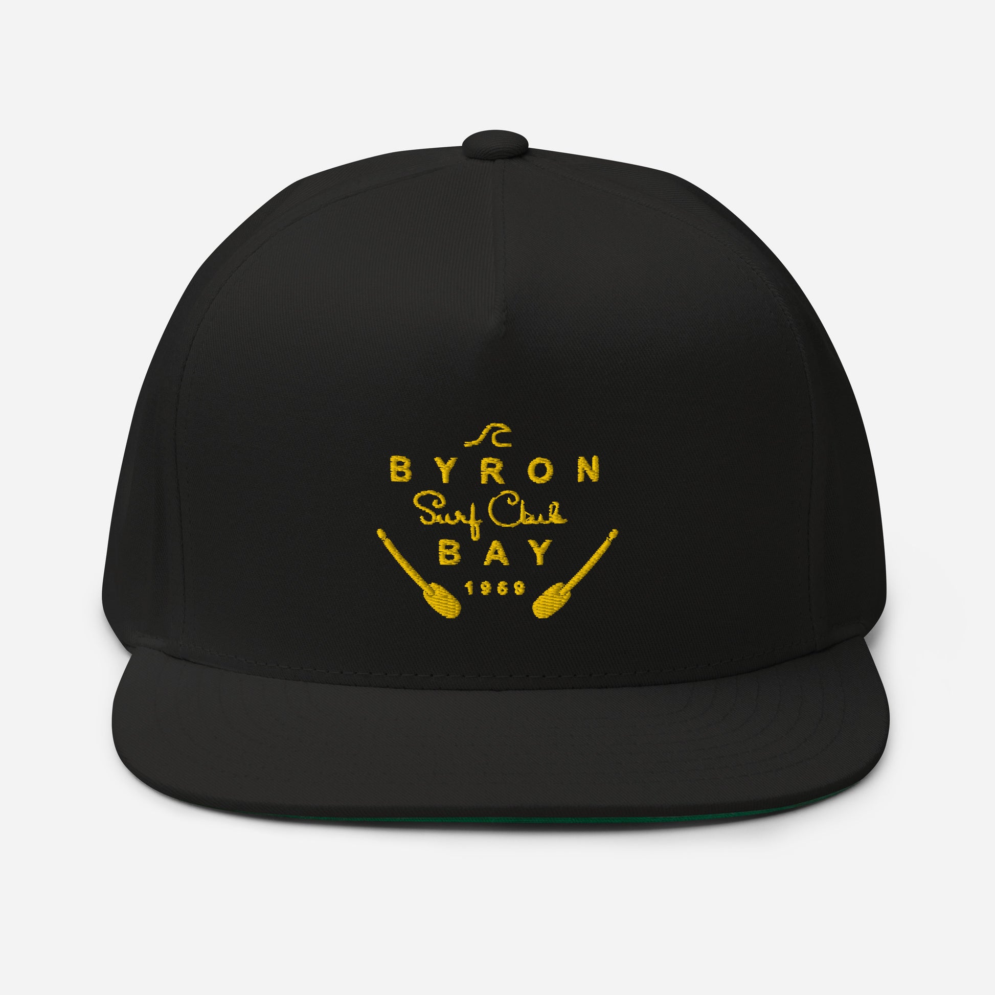  Flat Bill Cap - Black - Front view - With yellow Byron Bay Surf Club logo on front - Genuine Byron Bay Merchandise | Produced by Go Sea Kayak Byron Bay 