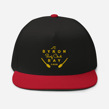  Flat Bill Cap - Black/Red - Front view - With Yellow Byron Bay Surf Club logo on front - Genuine Byron Bay Merchandise | Produced by Go Sea Kayak Byron Bay 