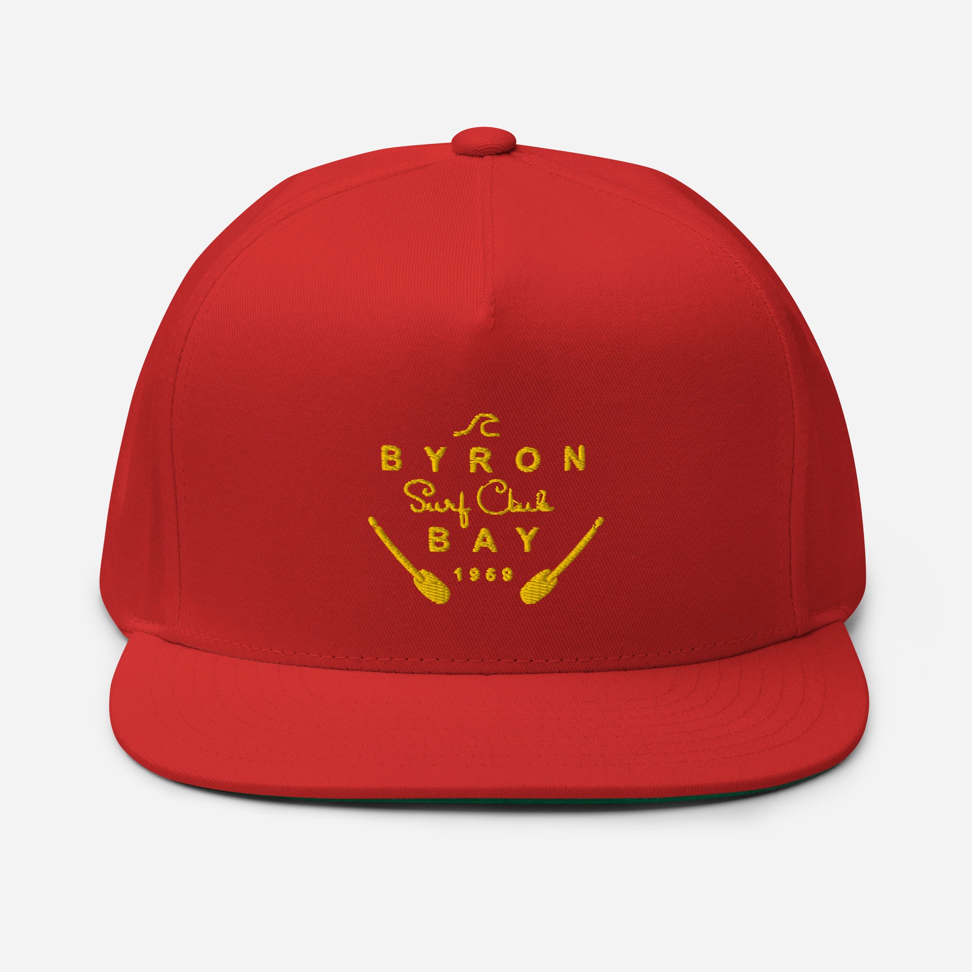  Flat Bill Cap - Red - Front view - With Yellow Byron Bay Surf Club logo on front - Genuine Byron Bay Merchandise | Produced by Go Sea Kayak Byron Bay 