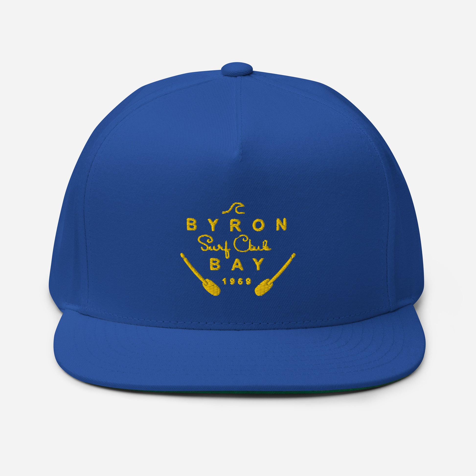  Flat Bill Cap - Royal Blue - Front view - With Yellow Byron Bay Surf Club logo on front - Genuine Byron Bay Merchandise | Produced by Go Sea Kayak Byron Bay 