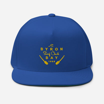  Flat Bill Cap - Royal Blue - Front view - With Yellow Byron Bay Surf Club logo on front - Genuine Byron Bay Merchandise | Produced by Go Sea Kayak Byron Bay 