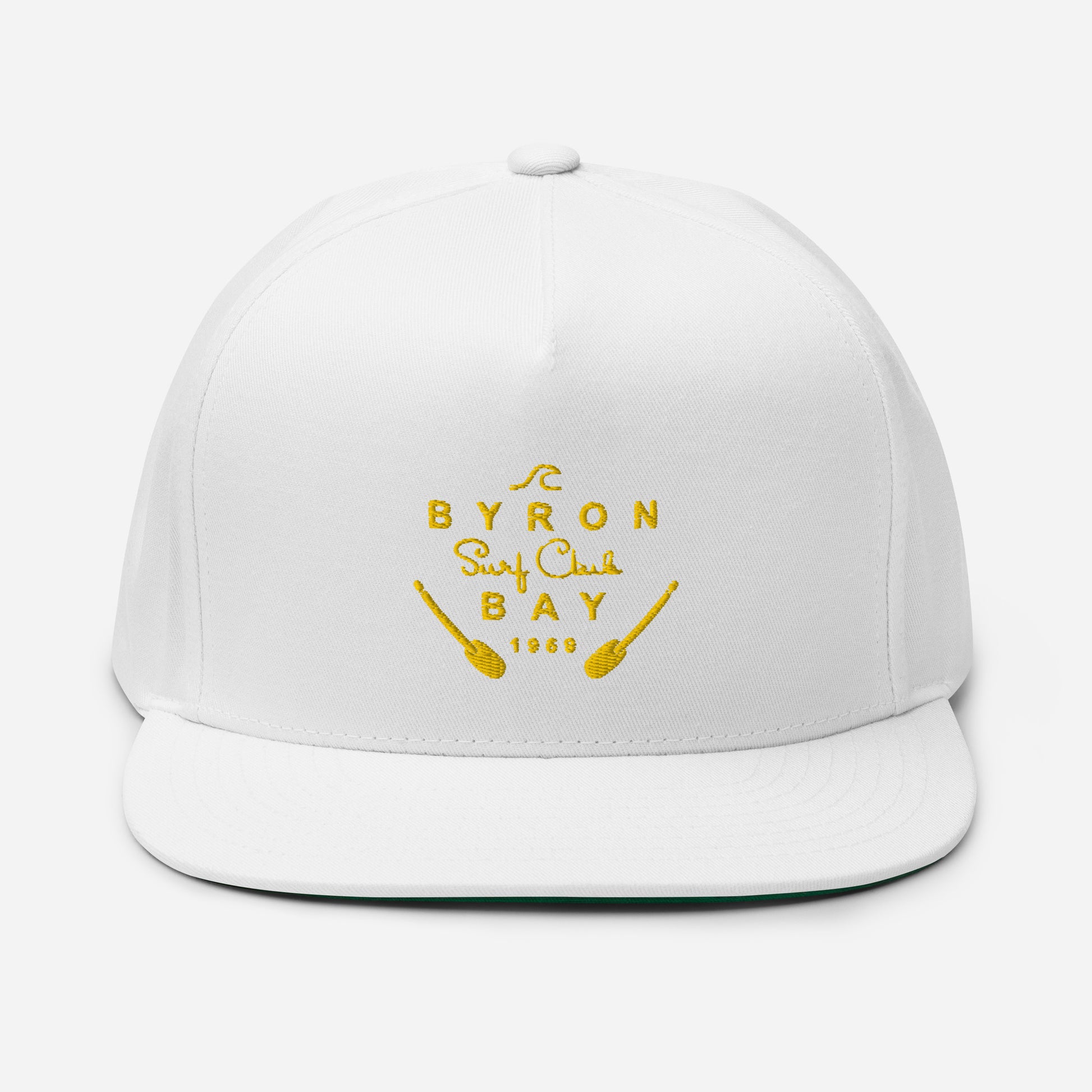  Flat Bill Cap - White - Front view - With yellow Byron Bay Surf Club logo on front - Genuine Byron Bay Merchandise | Produced by Go Sea Kayak Byron Bay 