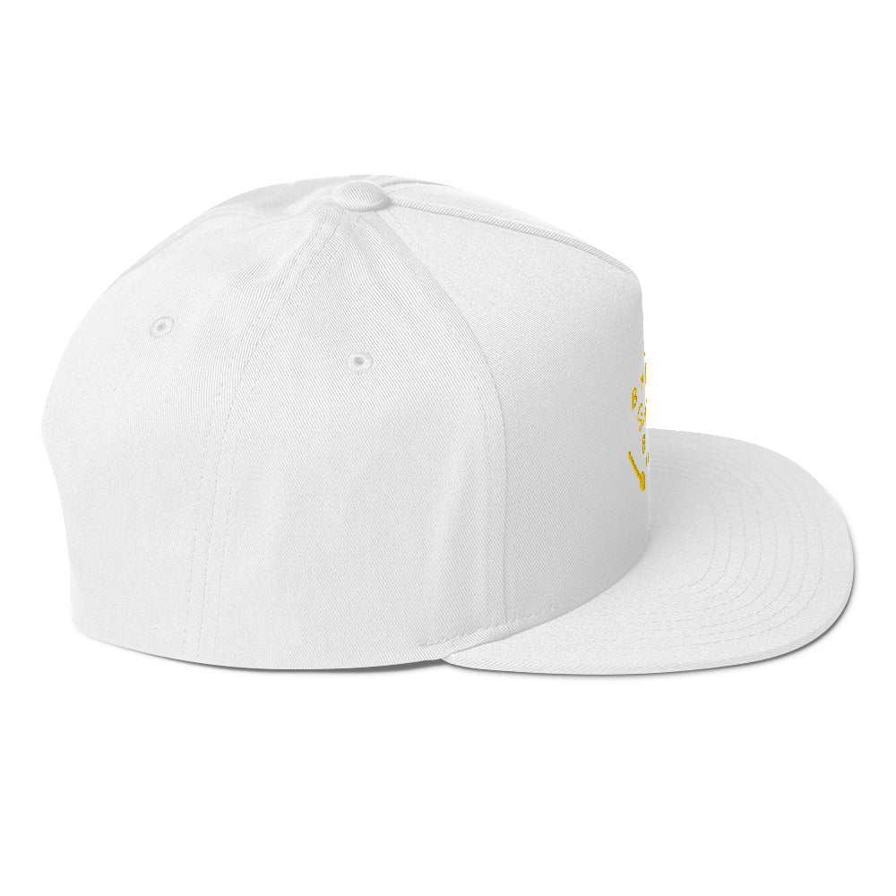  Flat Bill Cap - white - Side view - With Yellow Byron Bay Surf Club logo on front - Genuine Byron Bay Merchandise | Produced by Go Sea Kayak Byron Bay 