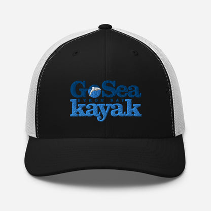  Trucker Cap - Black/White - Front view  - Go Sea Kayak Byron Bay logo on front - Genuine Byron Bay Merchandise | Produced by Go Sea Kayak Byron Bay 