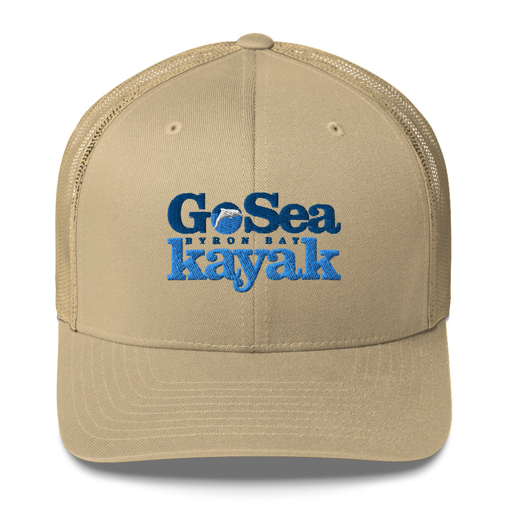  Trucker Cap - Khaki - Front view  - Go Sea Kayak Byron Bay logo on front - Genuine Byron Bay Merchandise | Produced by Go Sea Kayak Byron Bay 