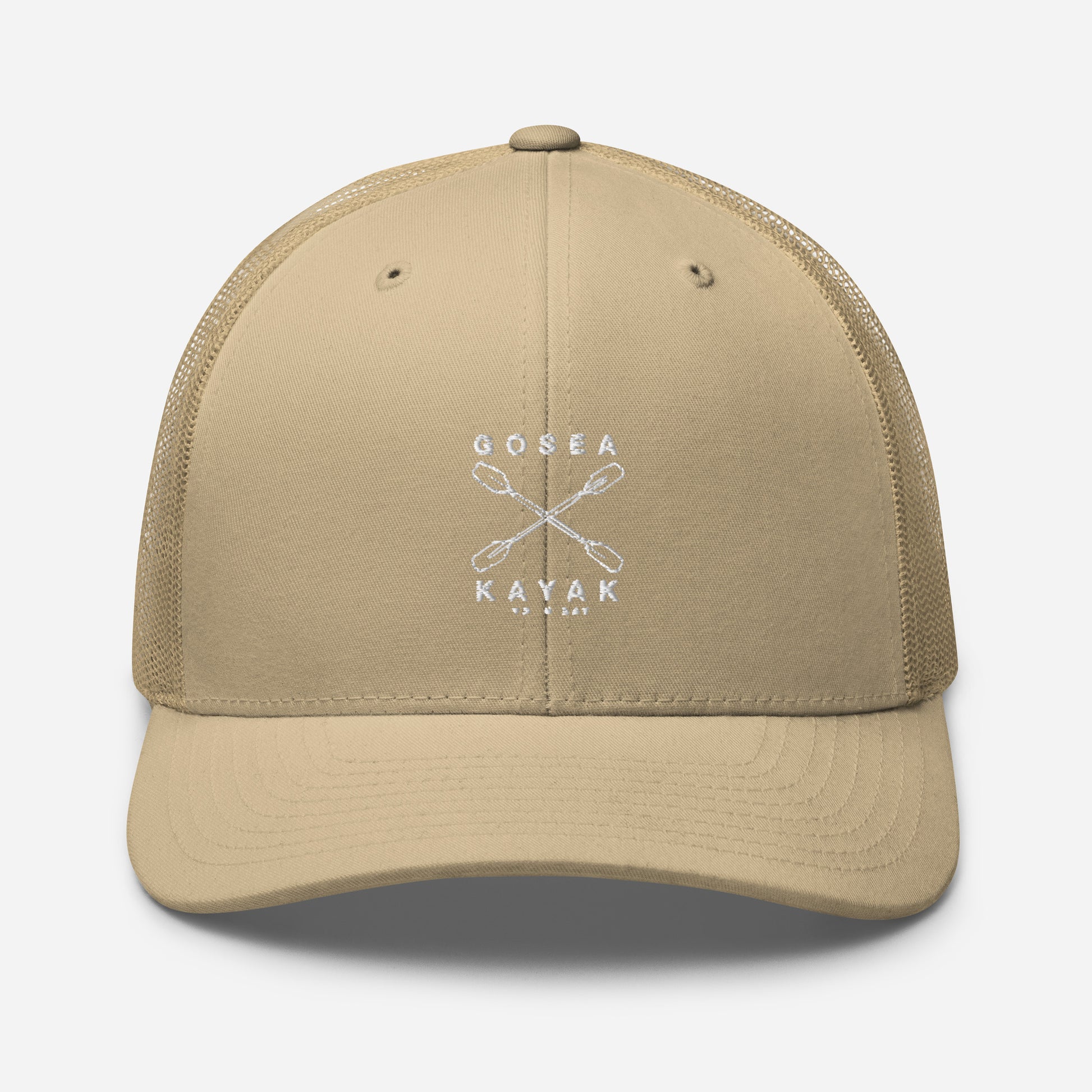  Trucker Cap - Khaki - Front view  - Crossed Paddles Go Sea Kayak Crew logo in white on front - Genuine Byron Bay Merchandise | Produced by Go Sea Kayak Byron Bay 