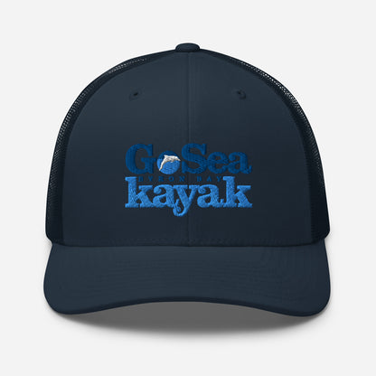  Trucker Cap - Navy - Front view  - Go Sea Kayak Byron Bay logo on front - Genuine Byron Bay Merchandise | Produced by Go Sea Kayak Byron Bay 
