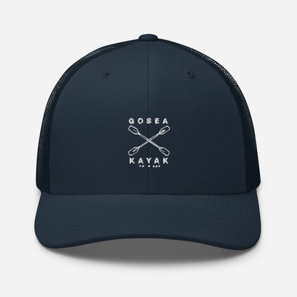  Trucker Cap - Navy - Front view  - Crossed Paddles Go Sea Kayak Crew logo in white on front - Genuine Byron Bay Merchandise | Produced by Go Sea Kayak Byron Bay 