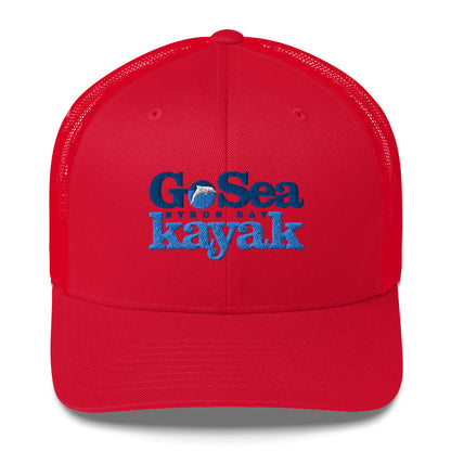  Trucker Cap - Red - Front view  - Go Sea Kayak Byron Bay logo on front - Genuine Byron Bay Merchandise | Produced by Go Sea Kayak Byron Bay 