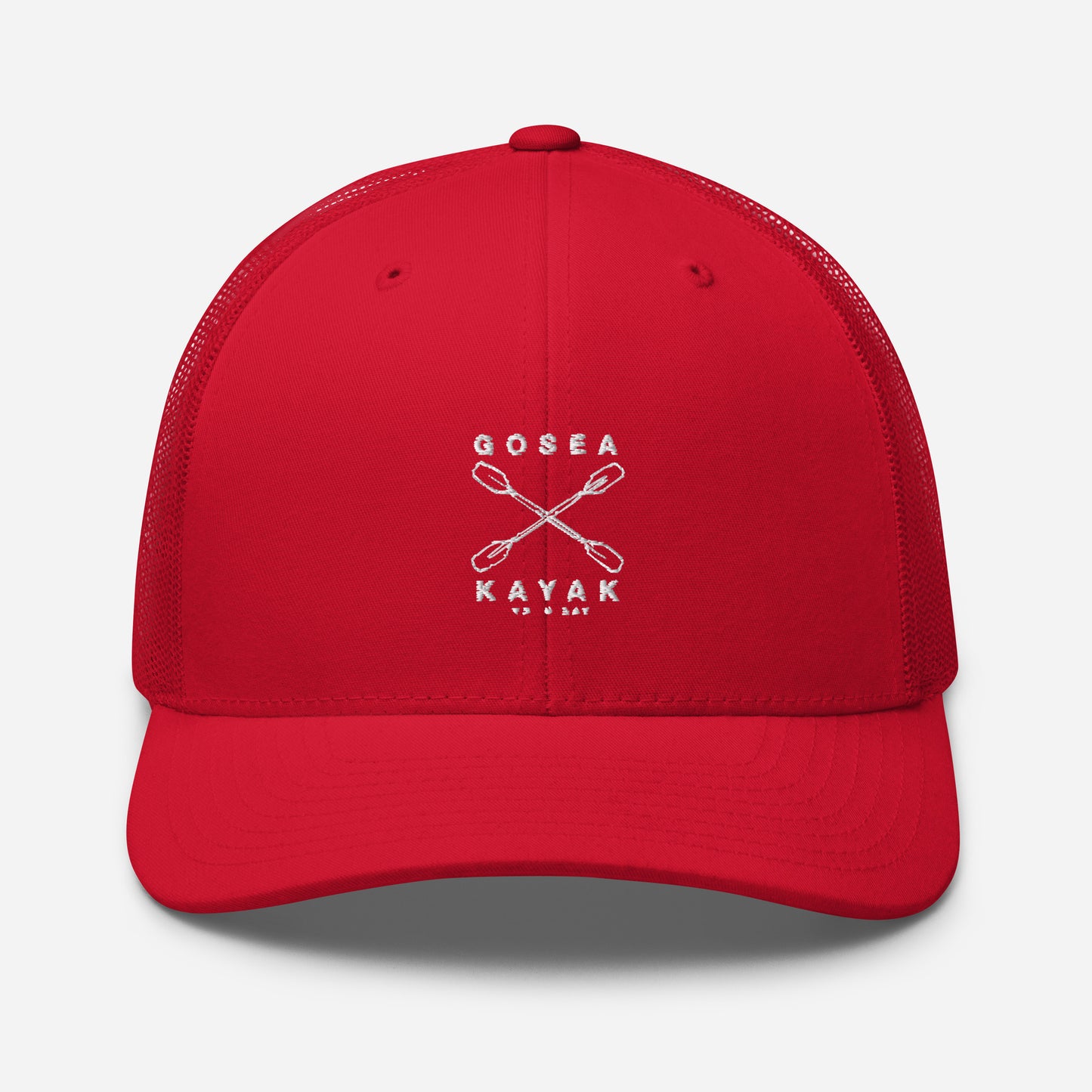 Trucker Cap - Red - Front view  - Crossed Paddles Go Sea Kayak Crew logo in white on front - Genuine Byron Bay Merchandise | Produced by Go Sea Kayak Byron Bay 