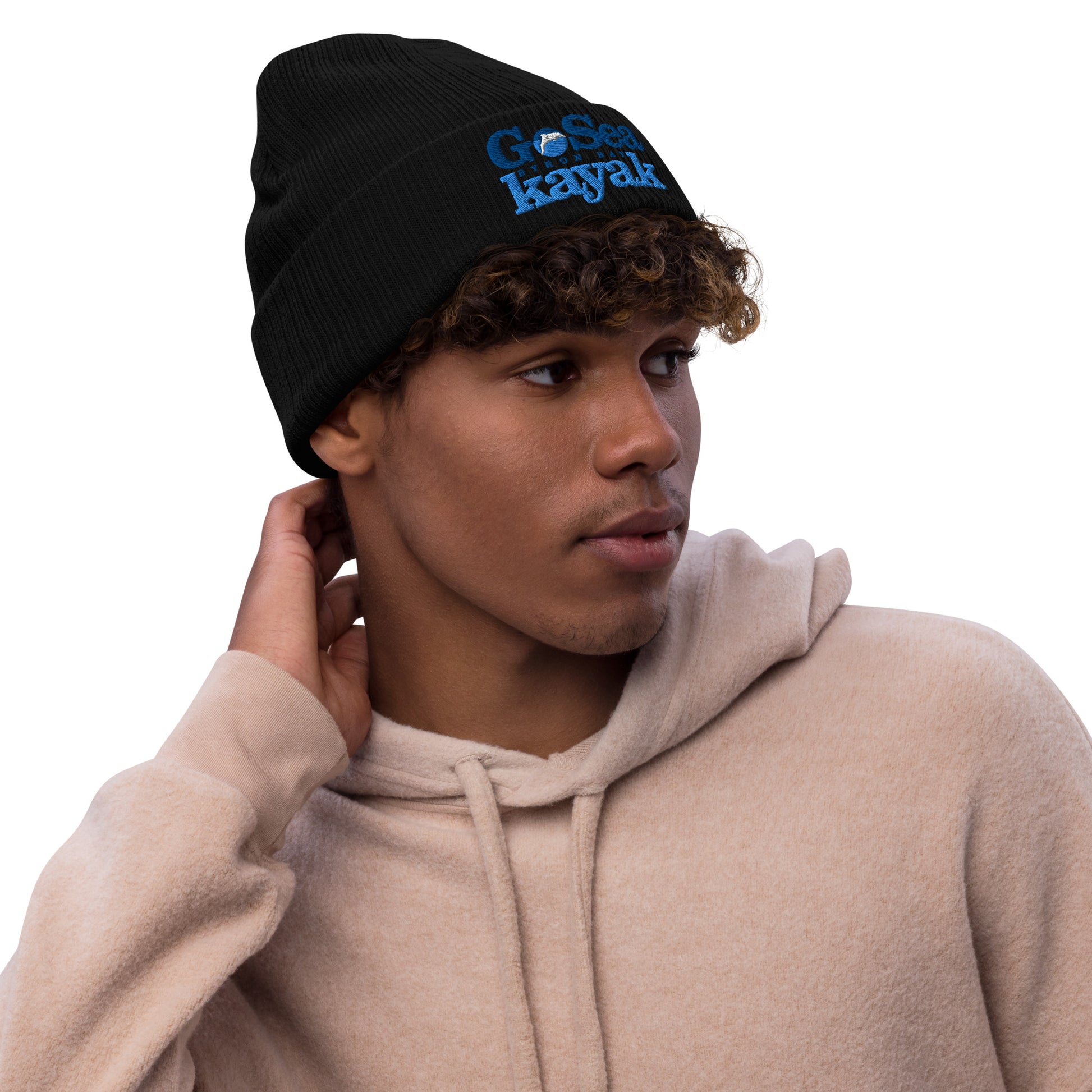  Ribbed Knit Beanie - Recycled polyester - Black  - Being warn on man's head - Go Sea Kayak Byron Bay logo on front - Genuine Byron Bay Merchandise | Produced by Go Sea Kayak Byron Bay 