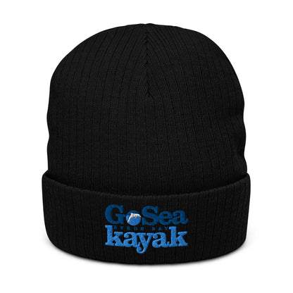  Ribbed Knit Beanie - Recycled polyester - Black  - Front view - Go Sea Kayak Byron Bay logo on front - Genuine Byron Bay Merchandise | Produced by Go Sea Kayak Byron Bay 