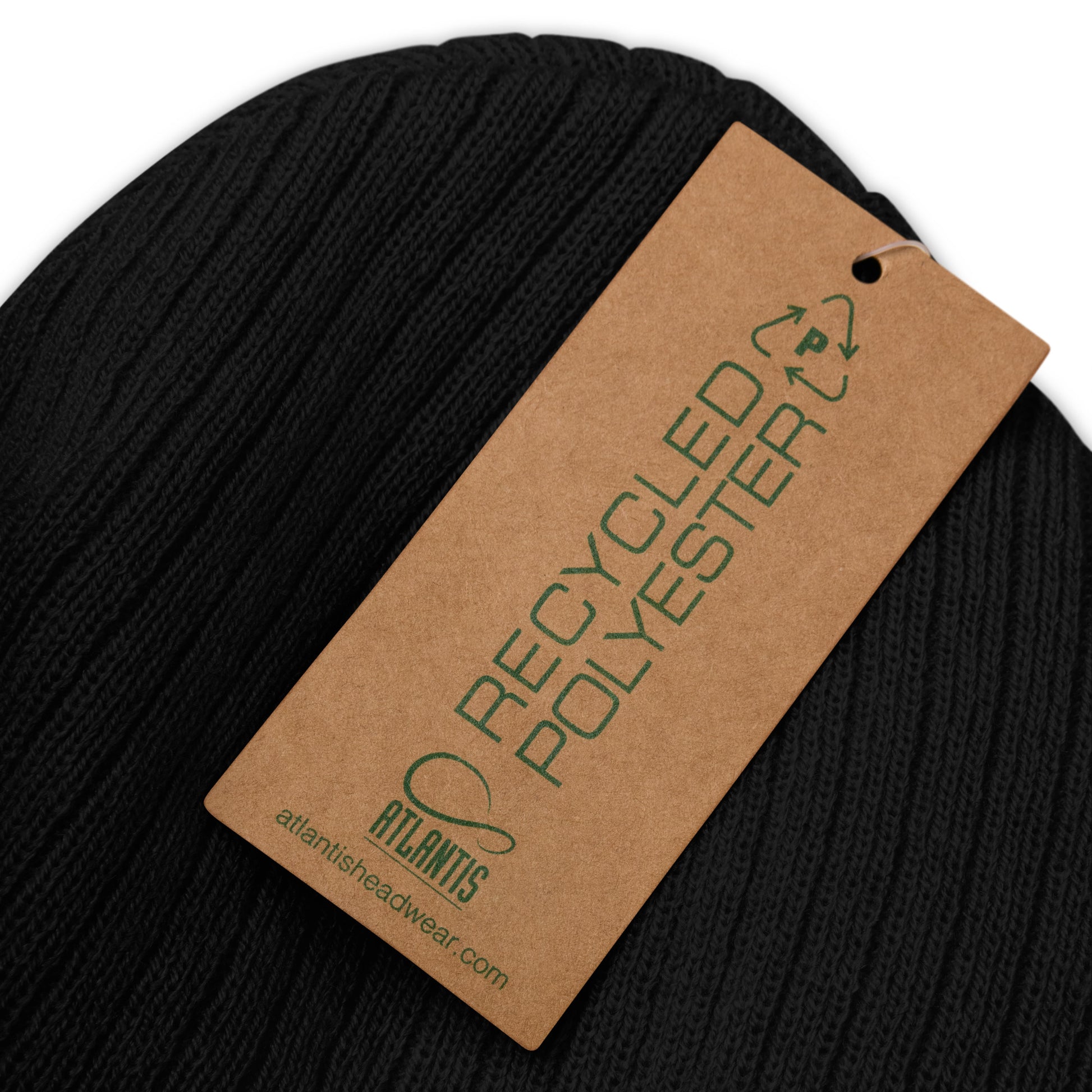  Ribbed Knit Beanie - Recycled polyester - Black  - Close up of Recycled Polyester tag - Go Sea Kayak Byron Bay logo on front - Genuine Byron Bay Merchandise | Produced by Go Sea Kayak Byron Bay 