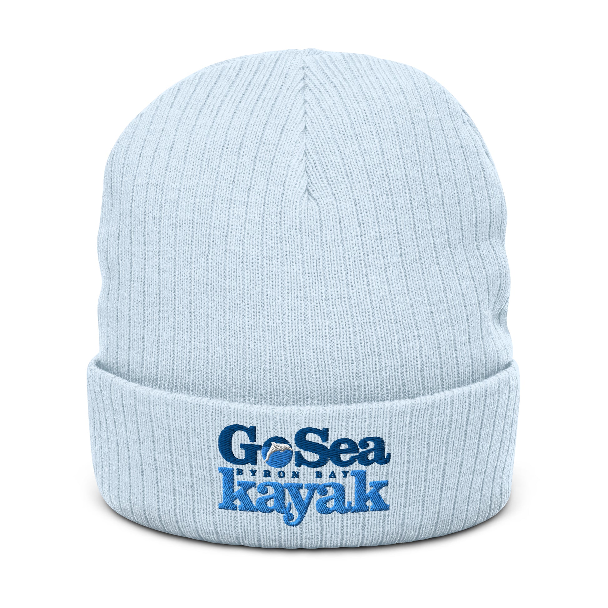  Ribbed Knit Beanie - Recycled polyester - Light Blue - Front view - Go Sea Kayak Byron Bay logo on front - Genuine Byron Bay Merchandise | Produced by Go Sea Kayak Byron Bay 