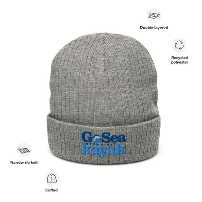  Ribbed Knit Beanie - Recycled polyester - Light Grey - Front view with details - Go Sea Kayak Byron Bay logo on front - Genuine Byron Bay Merchandise | Produced by Go Sea Kayak Byron Bay 