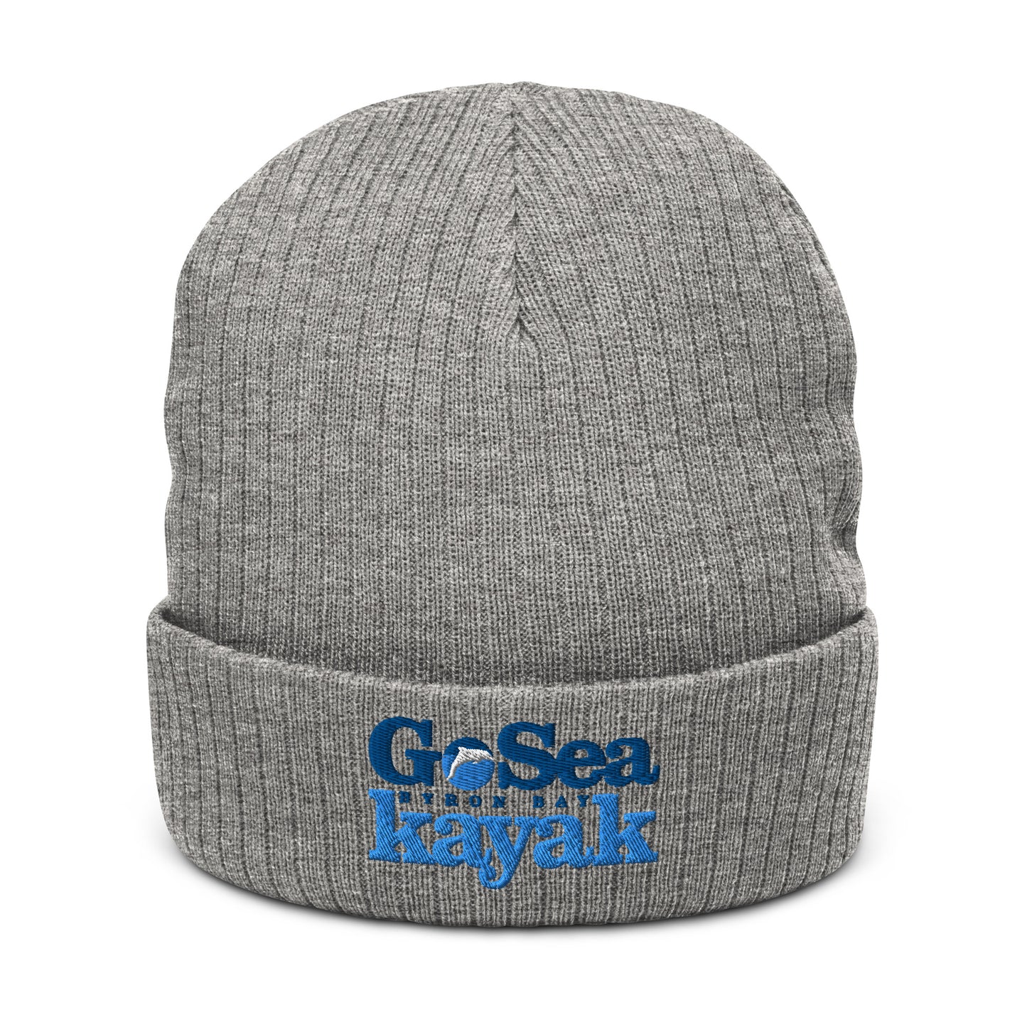  Ribbed Knit Beanie - Recycled polyester - Light Grey - Front view - Go Sea Kayak Byron Bay logo on front - Genuine Byron Bay Merchandise | Produced by Go Sea Kayak Byron Bay 