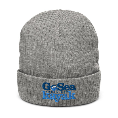  Ribbed Knit Beanie - Recycled polyester - Light Grey - Front view - Go Sea Kayak Byron Bay logo on front - Genuine Byron Bay Merchandise | Produced by Go Sea Kayak Byron Bay 