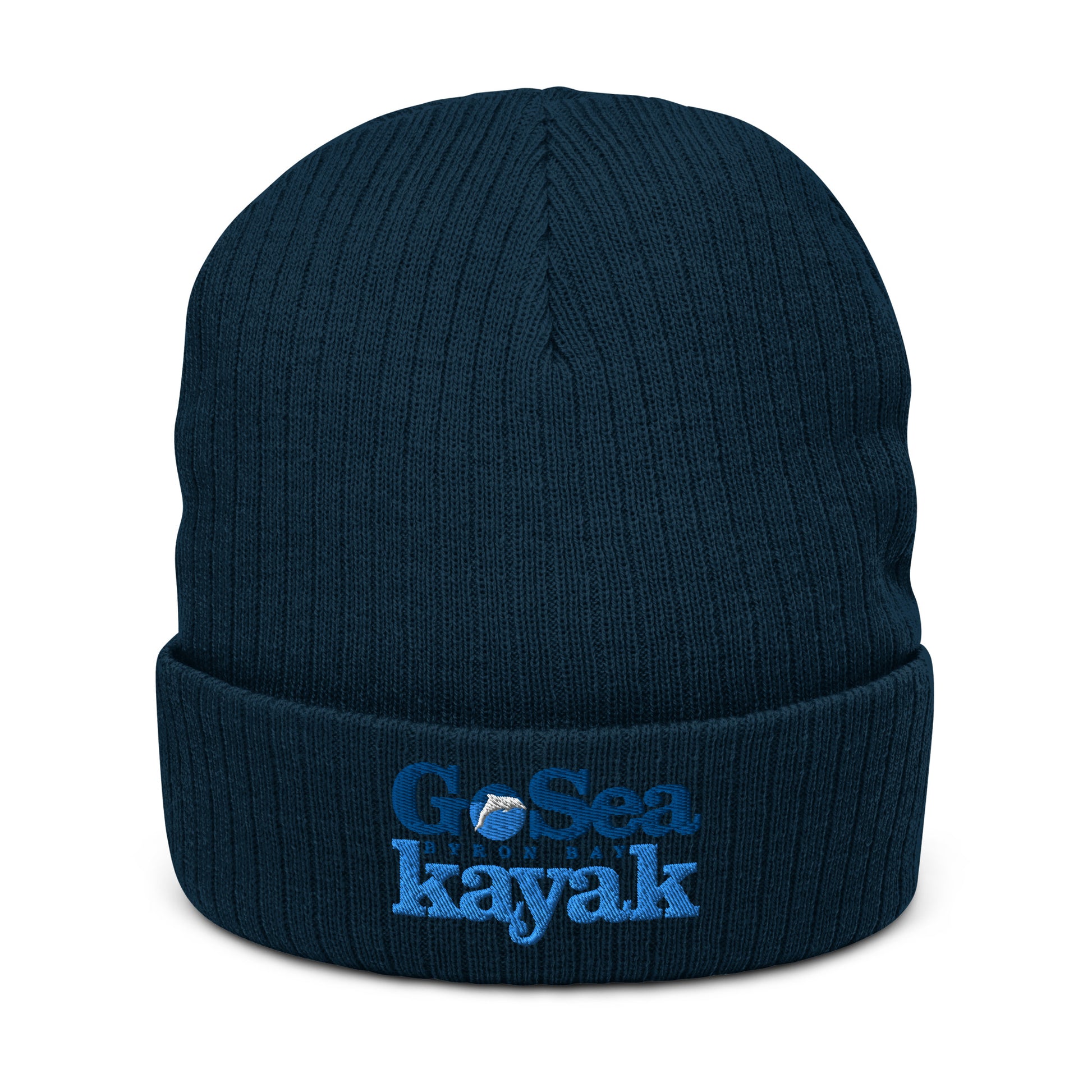  Ribbed Knit Beanie - Recycled polyester - Navy - Front view - Go Sea Kayak Byron Bay logo on front - Genuine Byron Bay Merchandise | Produced by Go Sea Kayak Byron Bay 