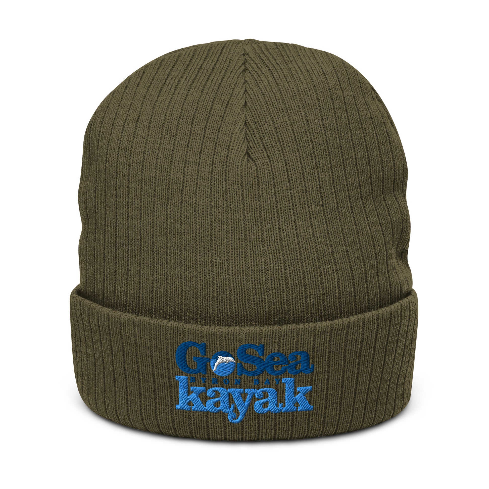  Ribbed Knit Beanie - Recycled polyester - Olive - Front view - Go Sea Kayak Byron Bay logo on front - Genuine Byron Bay Merchandise | Produced by Go Sea Kayak Byron Bay 