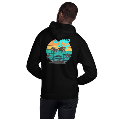  Unisex Hoodie - Black - Back view being warn by man with his hands in the pocket - Byron Bay design on back, plain front with pouch pocket - Genuine Byron Bay Merchandise | Produced by Go Sea Kayak Byron Bay 