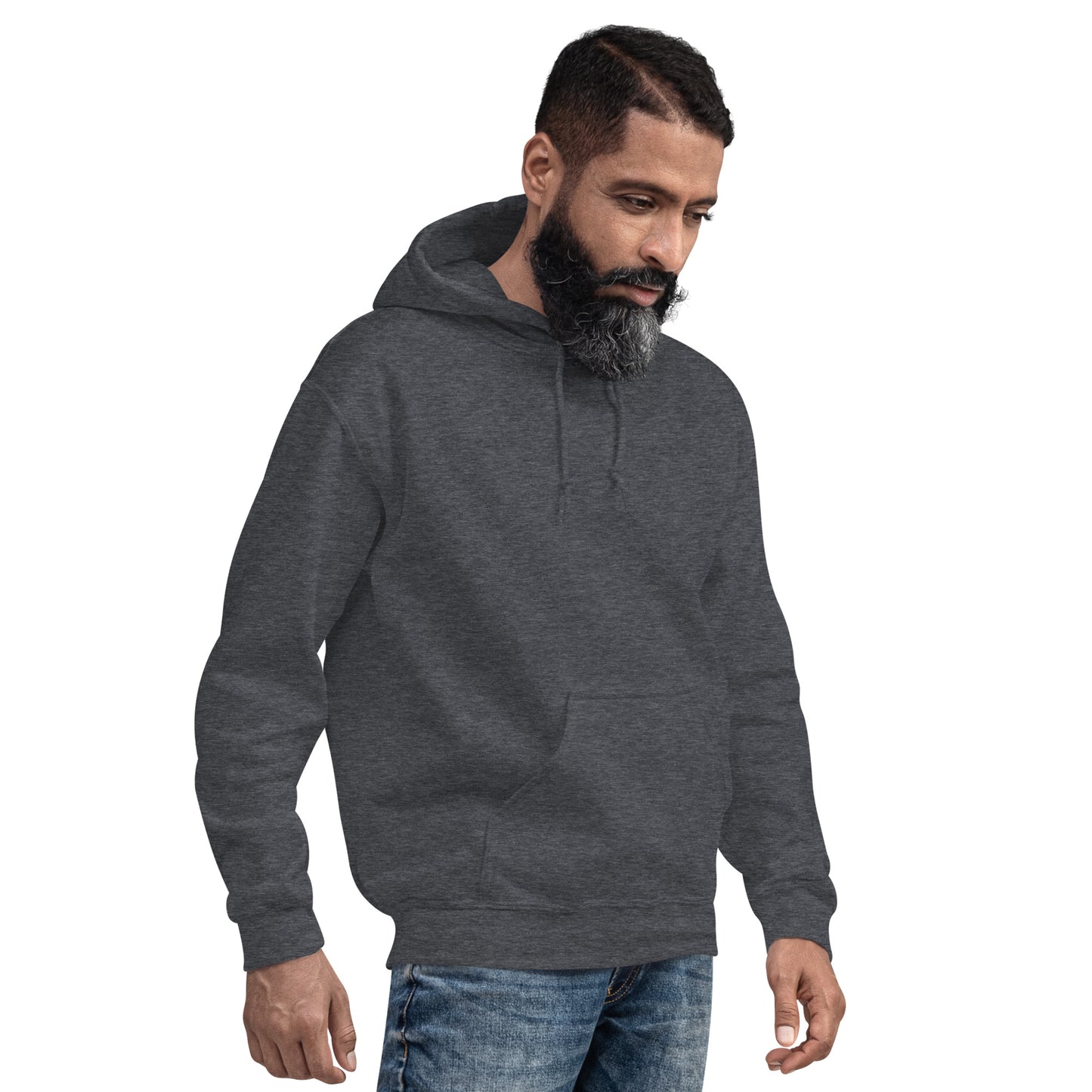  Unisex Hoodie - Dark Heather/Grey - Front view being warn by man with his arms by his side - Byron Bay design on back, plain front with pouch pocket - Genuine Byron Bay Merchandise | Produced by Go Sea Kayak Byron Bay 