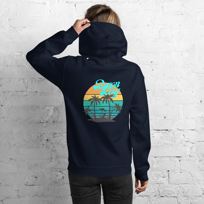  Unisex Hoodie - Navy - Back view being warn by woman with one hand holding the hood - Byron Bay design on back, plain front with pouch pocket - Genuine Byron Bay Merchandise | Produced by Go Sea Kayak Byron Bay 