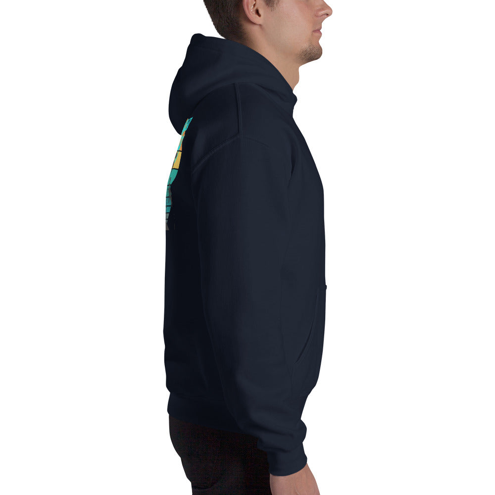  Unisex Hoodie - Navy - Side view being warn by man with his arms by his side - Byron Bay design on back, plain front with pouch pocket - Genuine Byron Bay Merchandise | Produced by Go Sea Kayak Byron Bay 