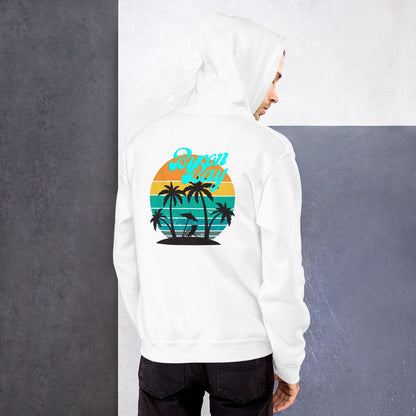  Unisex Hoodie - White - Back view being warn by man with the hood on and looking back over his shoulder - Byron Bay design on back, plain front with pouch pocket - Genuine Byron Bay Merchandise | Produced by Go Sea Kayak Byron Bay 
