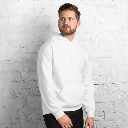  Unisex Hoodie - White - Front view being warn by man with his arms by his side - Byron Bay design on back, plain front with pouch pocket - Genuine Byron Bay Merchandise | Produced by Go Sea Kayak Byron Bay 