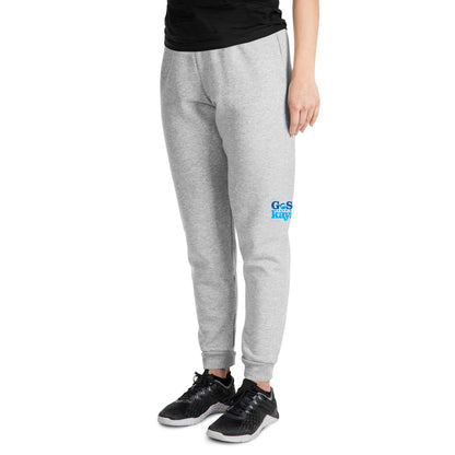  Unisex Joggers - Athletic Heather/ light grey - Side view being warn by person standing showing logo on leg - Go Sea Kayak Byron Bay logo on left knee - Genuine Byron Bay Merchandise | Produced by Go Sea Kayak Byron Bay 