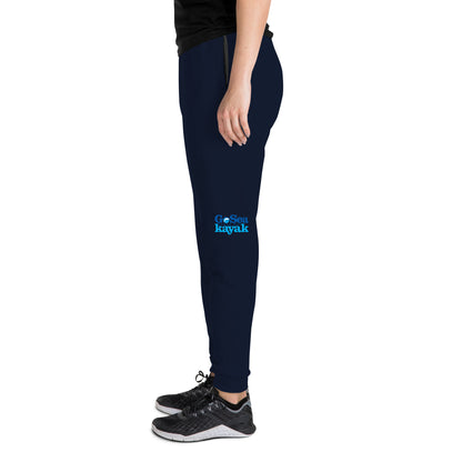  Unisex Joggers - Navy - Side view being warn by person standing showing logo on knee - Go Sea Kayak Byron Bay logo on left knee - Genuine Byron Bay Merchandise | Produced by Go Sea Kayak Byron Bay 