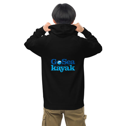  Unisex Hoodie - Black - Back view being warn by man pulling the hood on - Go Sea Kayak Byron Bay logo on back and front, Kangaroo pocket on front - Genuine Byron Bay Merchandise | Produced by Go Sea Kayak Byron Bay 