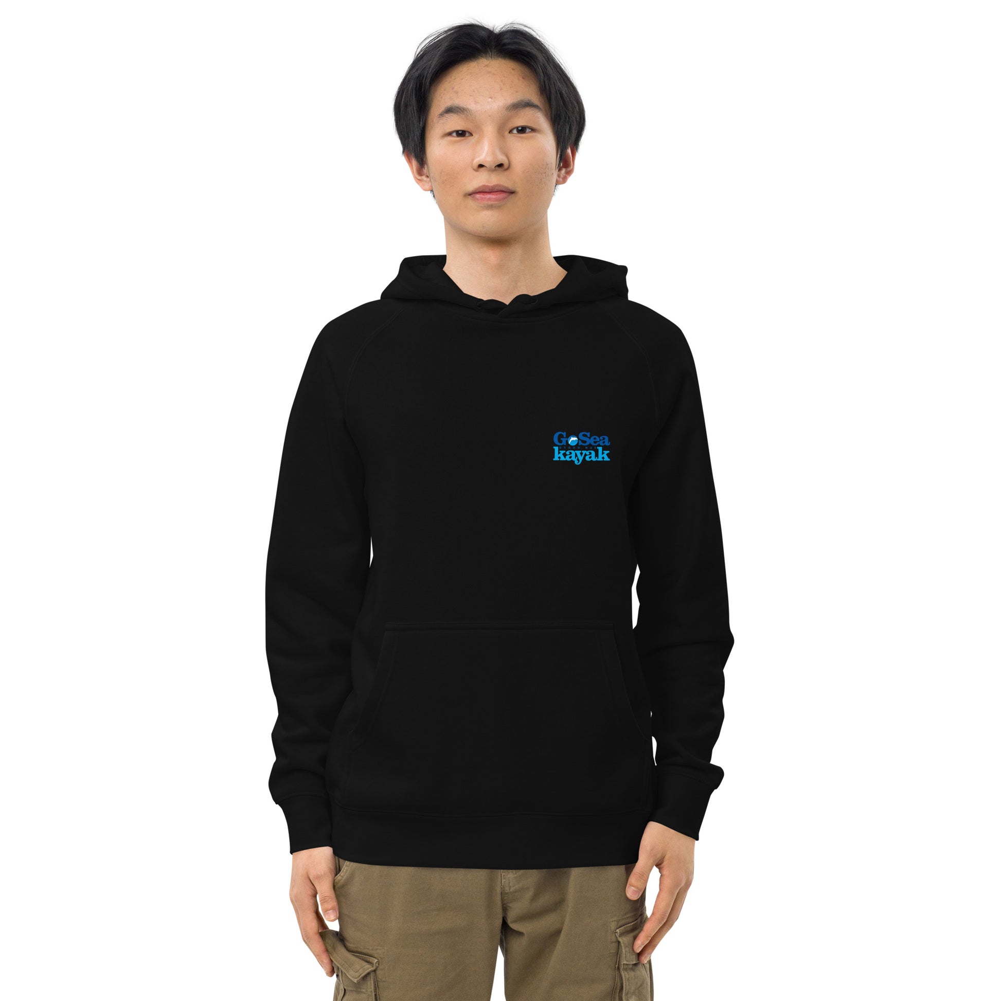  Unisex Hoodie - Black - Front view being warn by man with arms by side - Go Sea Kayak Byron Bay logo on back and front, Kangaroo pocket on front - Genuine Byron Bay Merchandise | Produced by Go Sea Kayak Byron Bay 