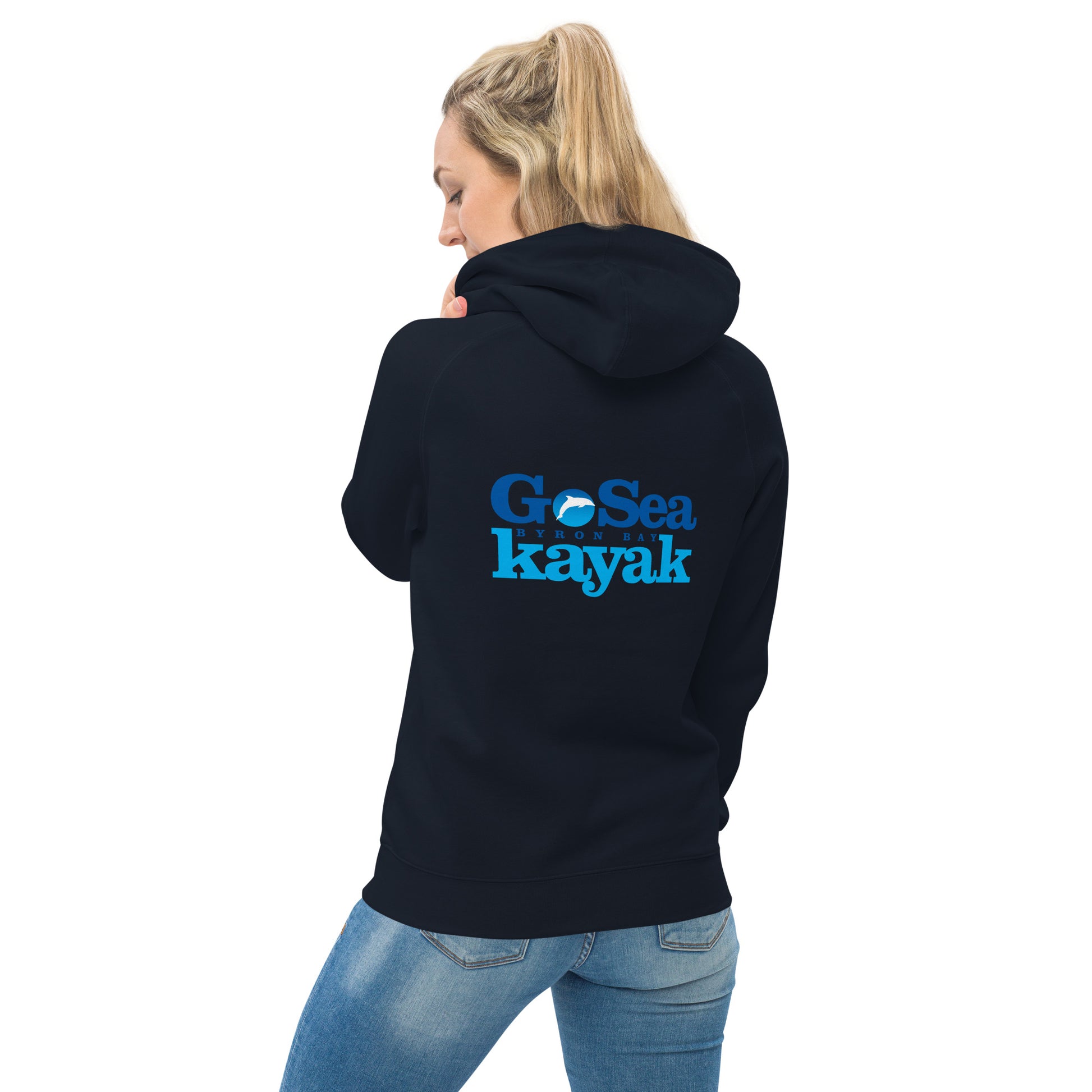  Unisex Hoodie - Navy - Back view being warn by woman  - Go Sea Kayak Byron Bay logo on back and front, Kangaroo pocket on front - Genuine Byron Bay Merchandise | Produced by Go Sea Kayak Byron Bay 