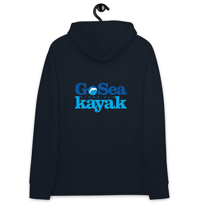  Unisex Hoodie - Navy - Back flat lay view - Go Sea Kayak Byron Bay logo on back and front, Kangaroo pocket on front - Genuine Byron Bay Merchandise | Produced by Go Sea Kayak Byron Bay 