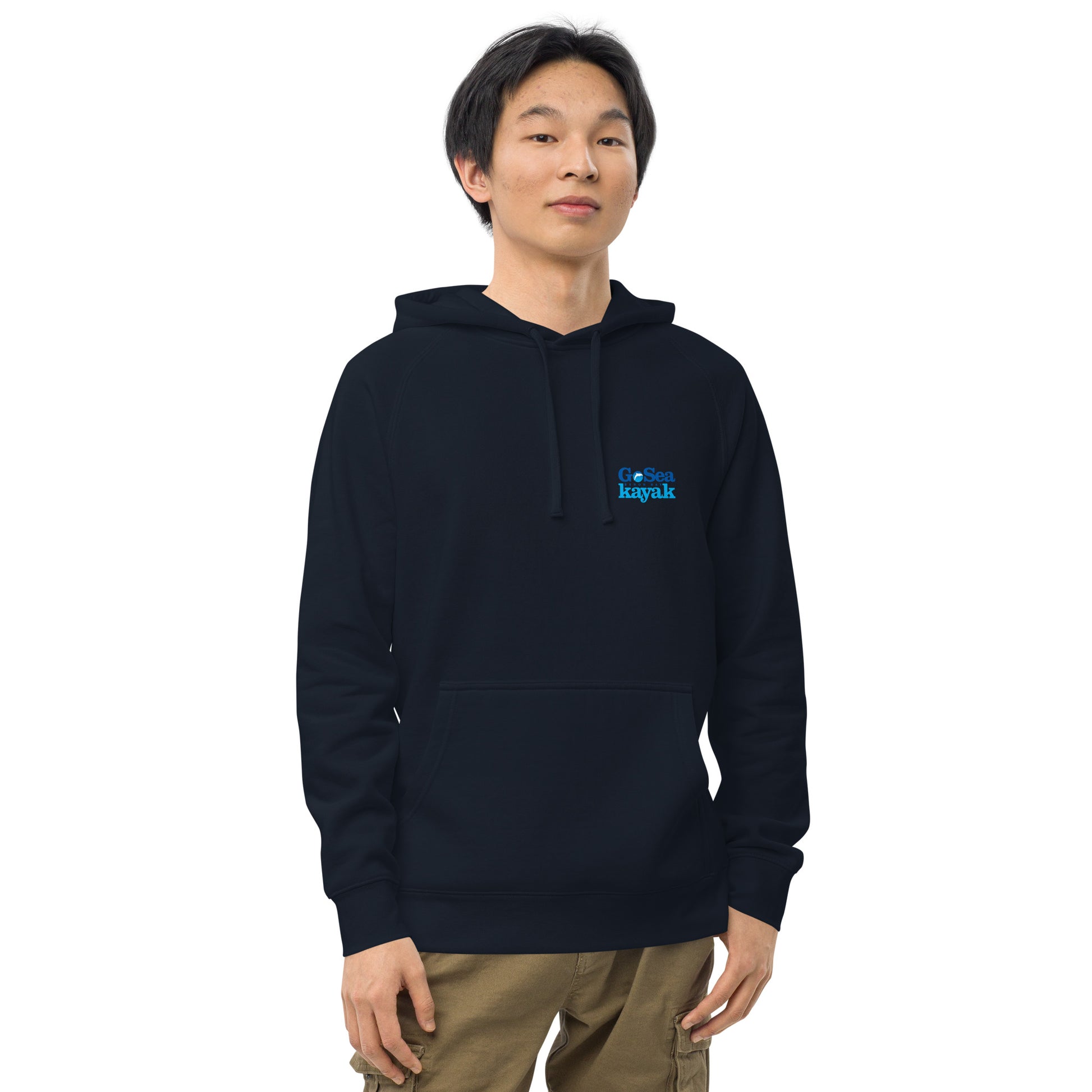  Unisex Hoodie - Navy - Front view being warn by man with arms by side - Go Sea Kayak Byron Bay logo on back and front, Kangaroo pocket on front - Genuine Byron Bay Merchandise | Produced by Go Sea Kayak Byron Bay 