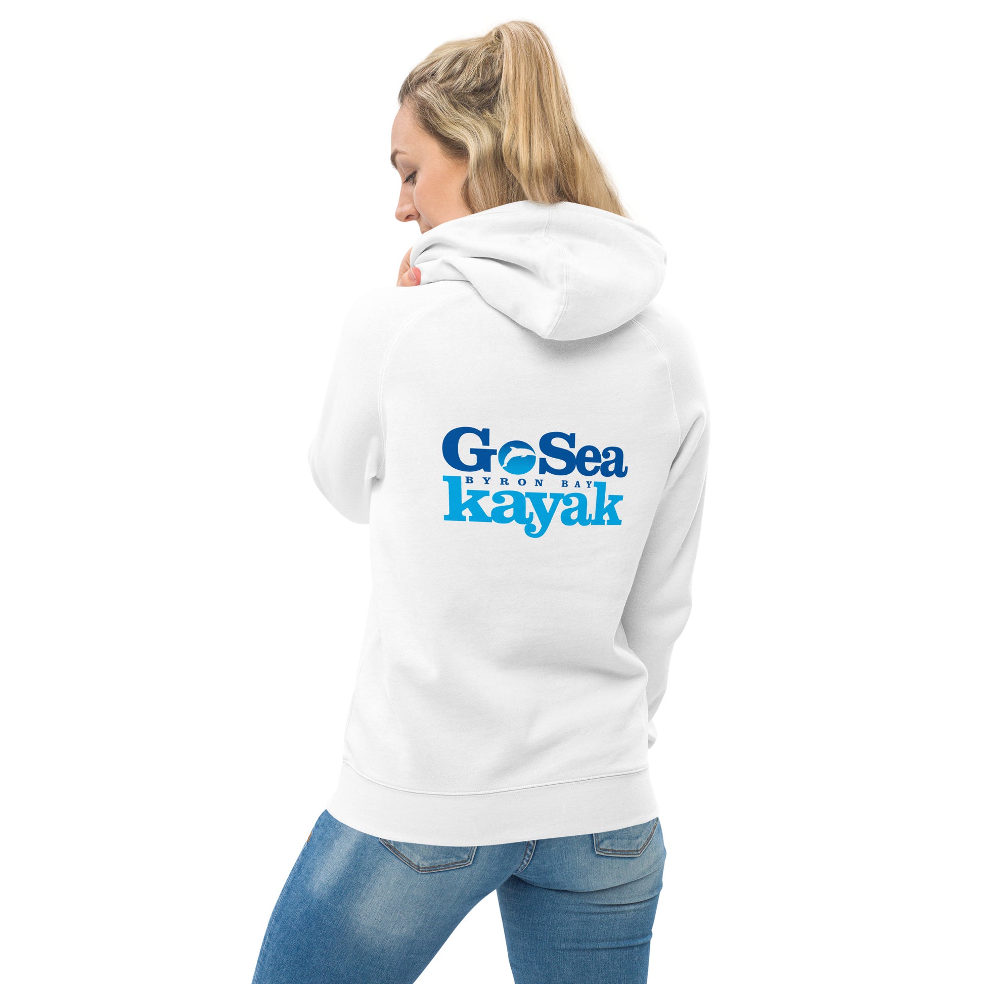  Unisex Hoodie - White - Back view being warn by woman - Go Sea Kayak Byron Bay logo on back and front, Kangaroo pocket on front - Genuine Byron Bay Merchandise | Produced by Go Sea Kayak Byron Bay 