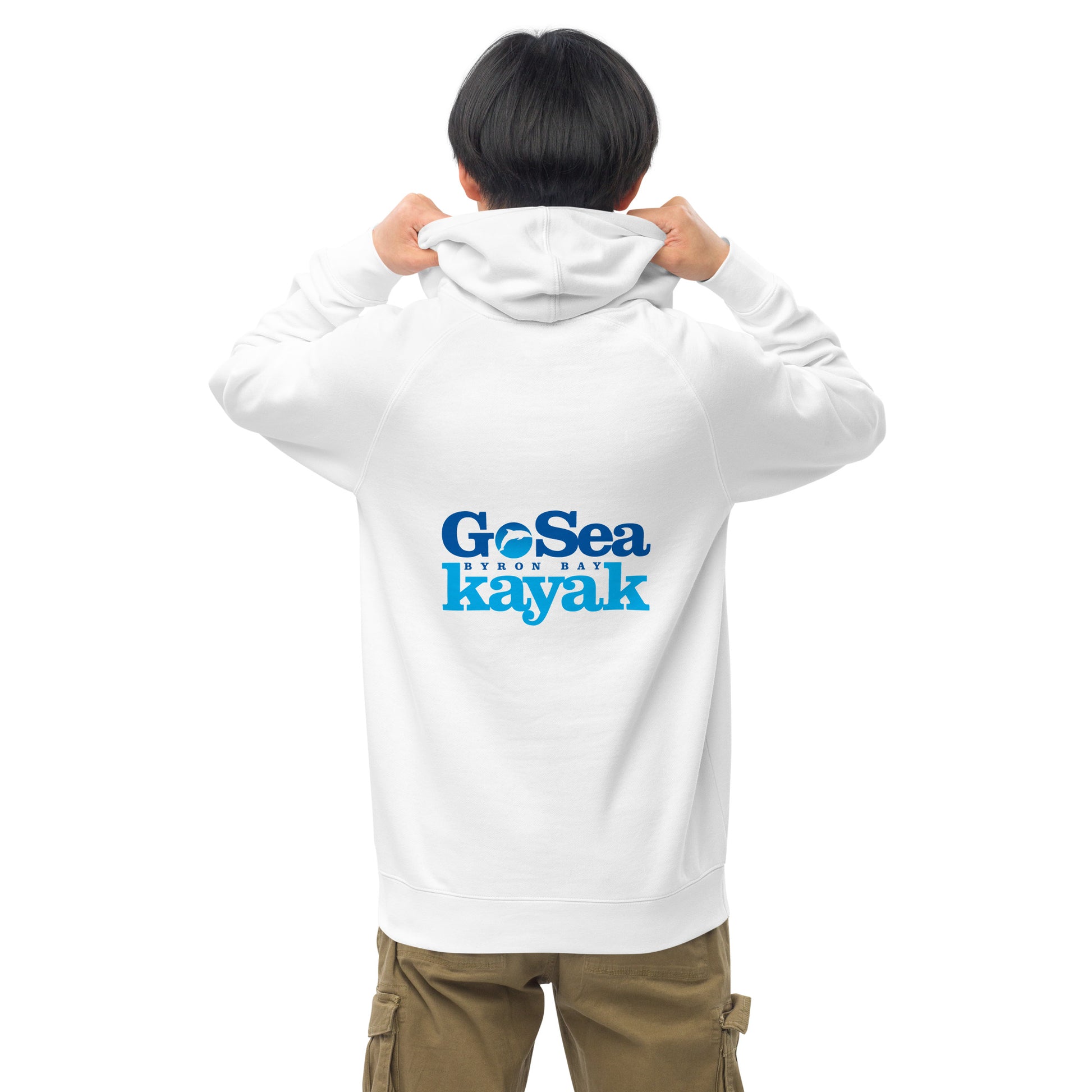  Unisex Hoodie - White - Back view being warn by man pulling the hood on - Go Sea Kayak Byron Bay logo on back and front, Kangaroo pocket on front - Genuine Byron Bay Merchandise | Produced by Go Sea Kayak Byron Bay 