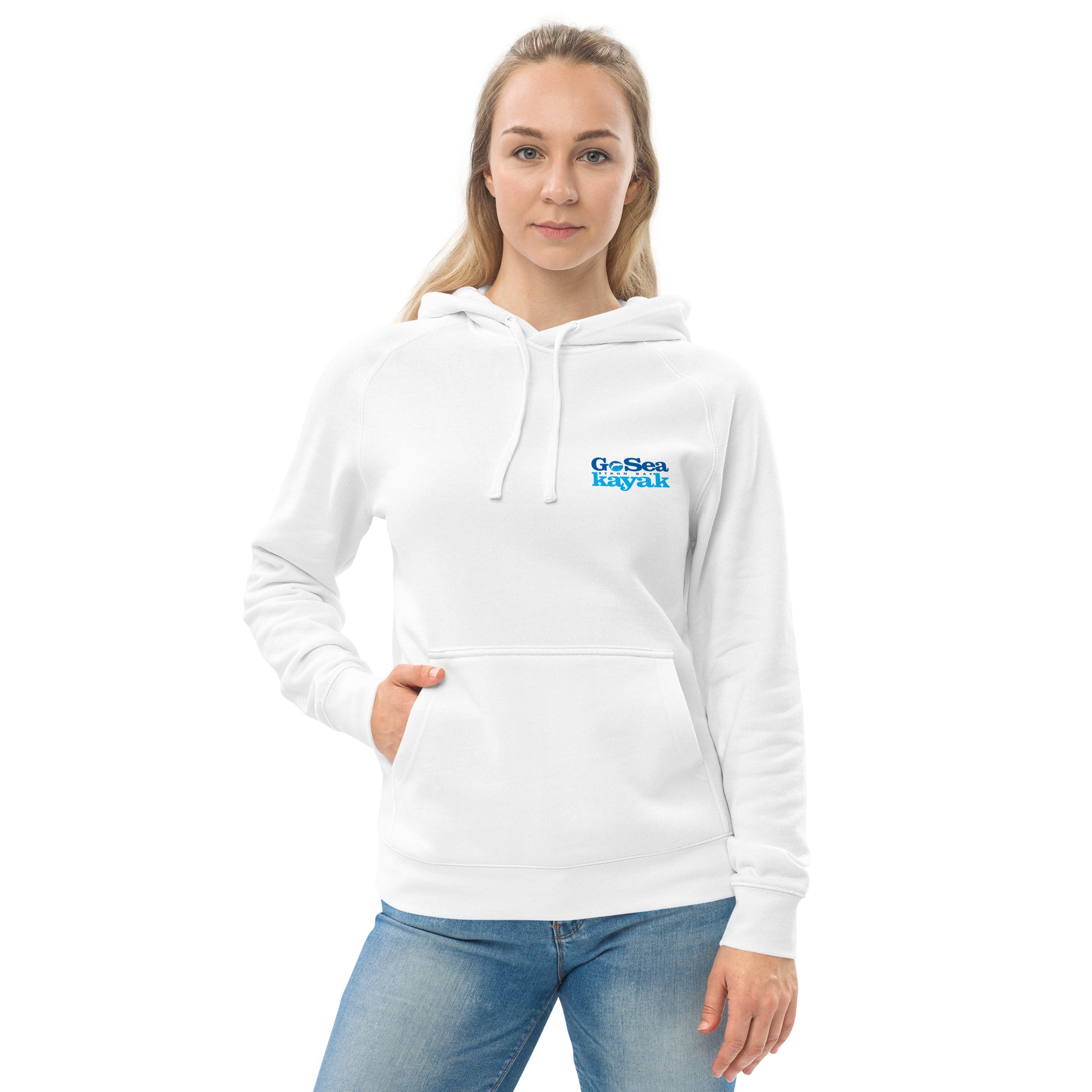  Unisex Hoodie - White - front view being warn by woman - Go Sea Kayak Byron Bay logo on back and front, Kangaroo pocket on front - Genuine Byron Bay Merchandise | Produced by Go Sea Kayak Byron Bay 