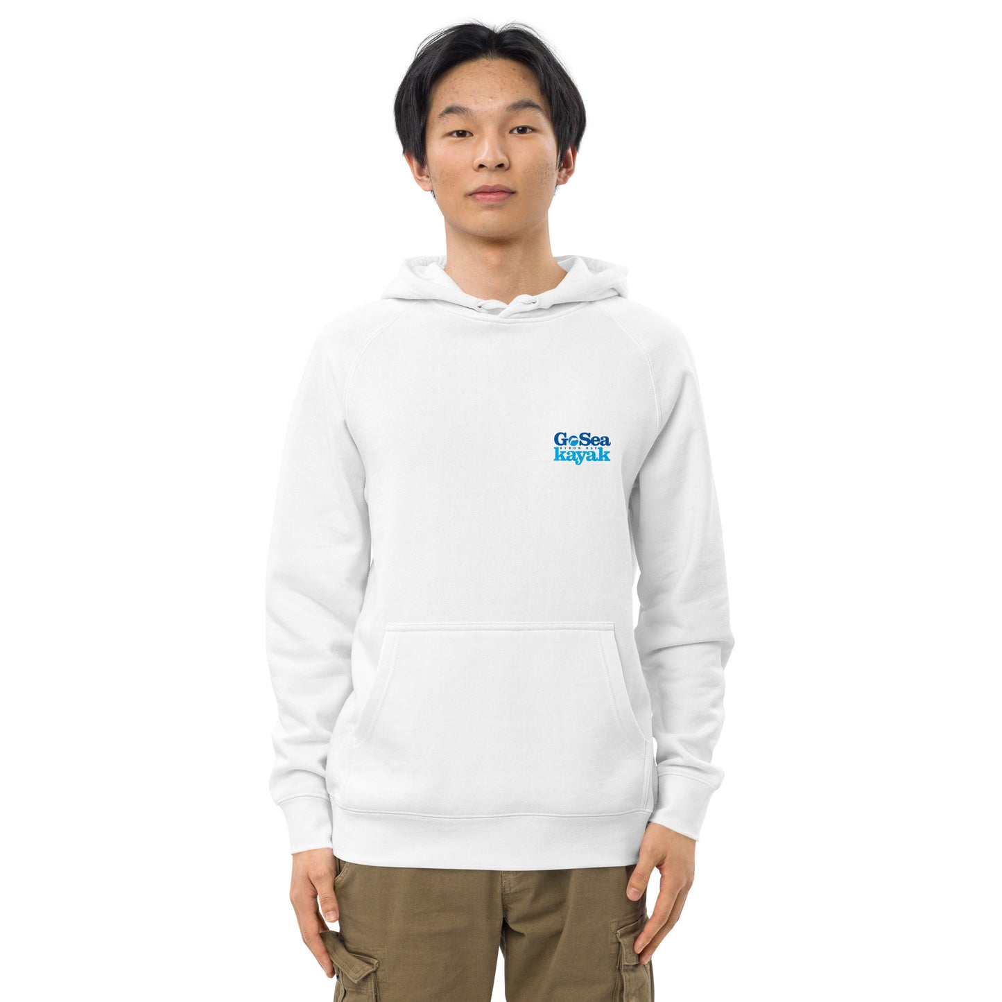  Unisex Hoodie - White - Front view being warn by man with arms by side - Go Sea Kayak Byron Bay logo on back and front, Kangaroo pocket on front - Genuine Byron Bay Merchandise | Produced by Go Sea Kayak Byron Bay 