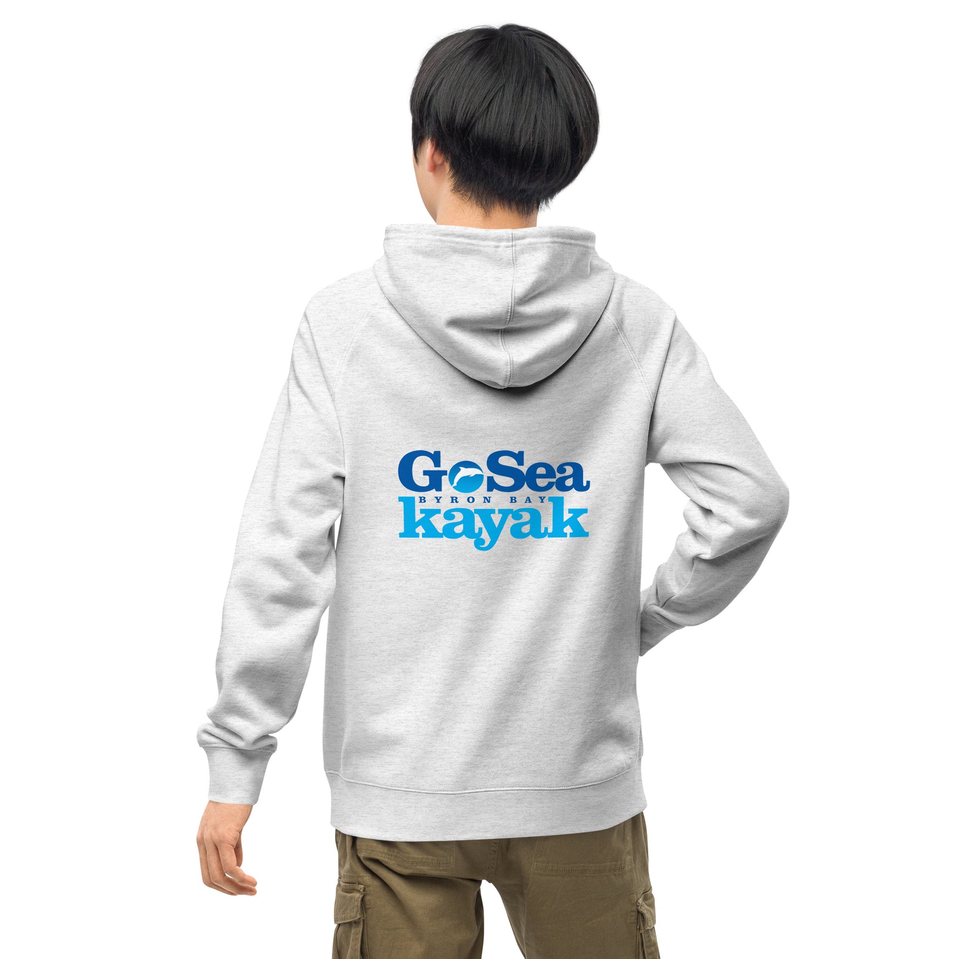 Unisex Hoodie - White Marle / light grey - Back view being warn by man with one hand in pocket - Go Sea Kayak Byron Bay logo on back and front, Kangaroo pocket on front - Genuine Byron Bay Merchandise | Produced by Go Sea Kayak Byron Bay 