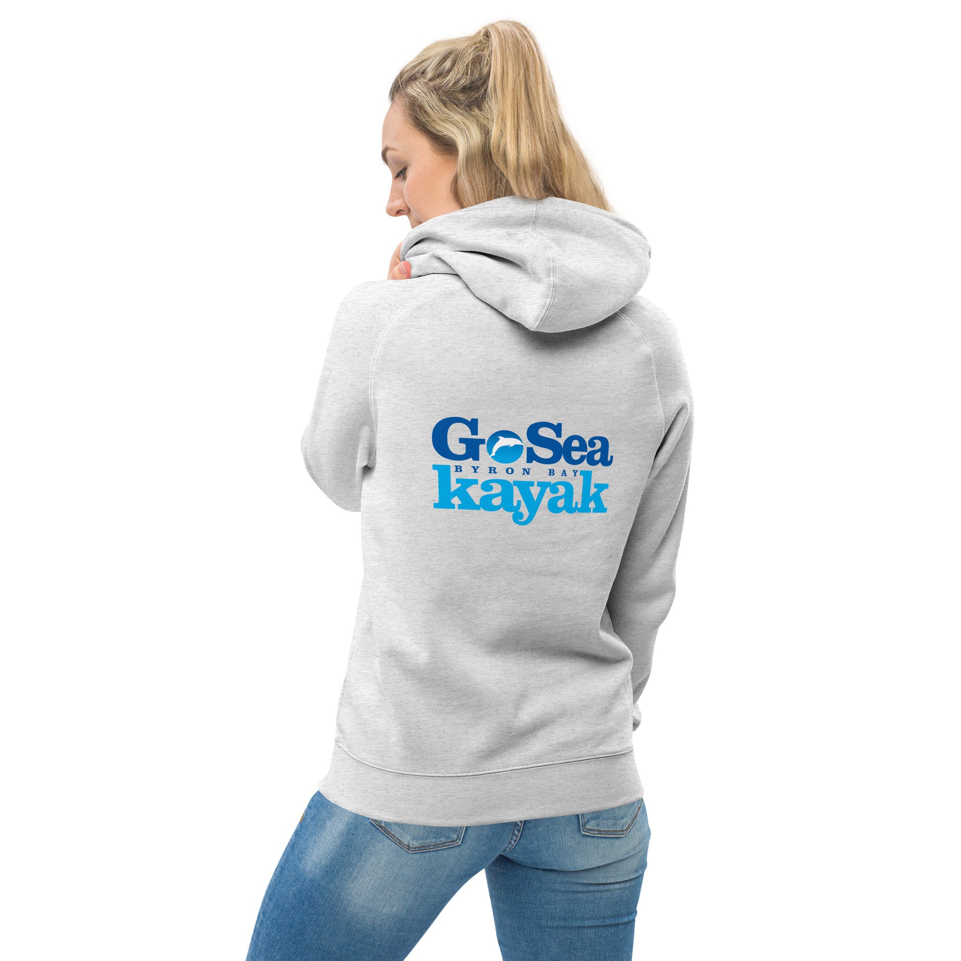  Unisex Hoodie - White Marle / light grey - Back view being warn by woman  - Go Sea Kayak Byron Bay logo on back and front, Kangaroo pocket on front - Genuine Byron Bay Merchandise | Produced by Go Sea Kayak Byron Bay 